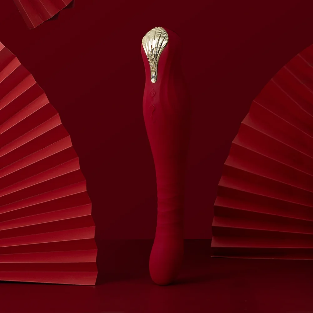 ZALO® King Vibrating Thruster embellished with SWAROVSKI crystal. provides the ultra-high power, whisper quiet operation & brings a more powerful thrusting orgasm experience, in Passion Red color.